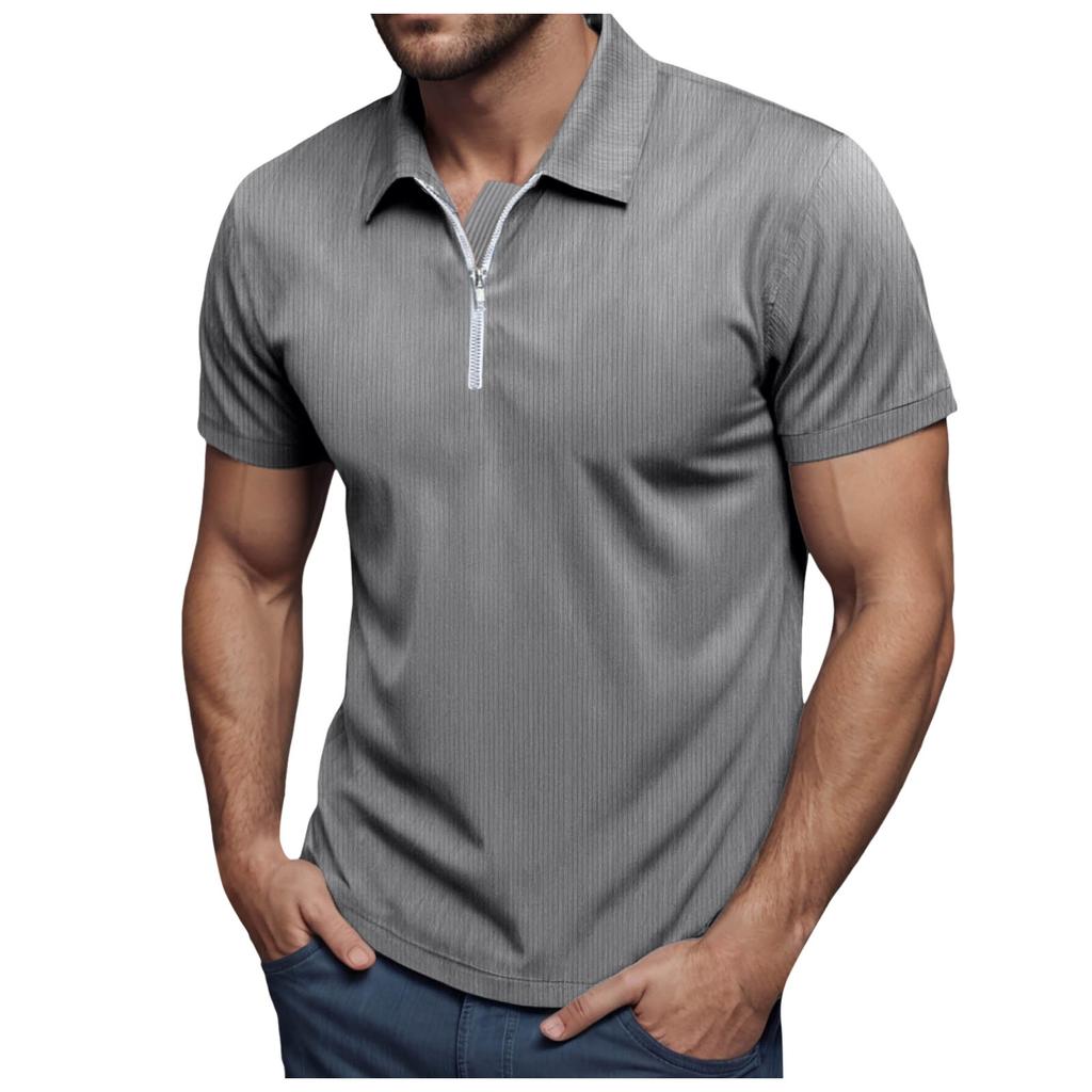 Мужская летняя свободная футболка из вельвета с коротким рукавом и застежкой-молнией на лацкан, однотонная легкая и дышащая рубашка, топы