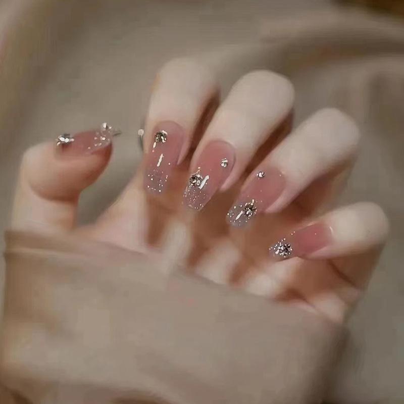 24 шт. Короткие балетные простые блестящие накладные ногти с бриллиантовым узором для ногтей, милые накладные ногти в стиле Ins