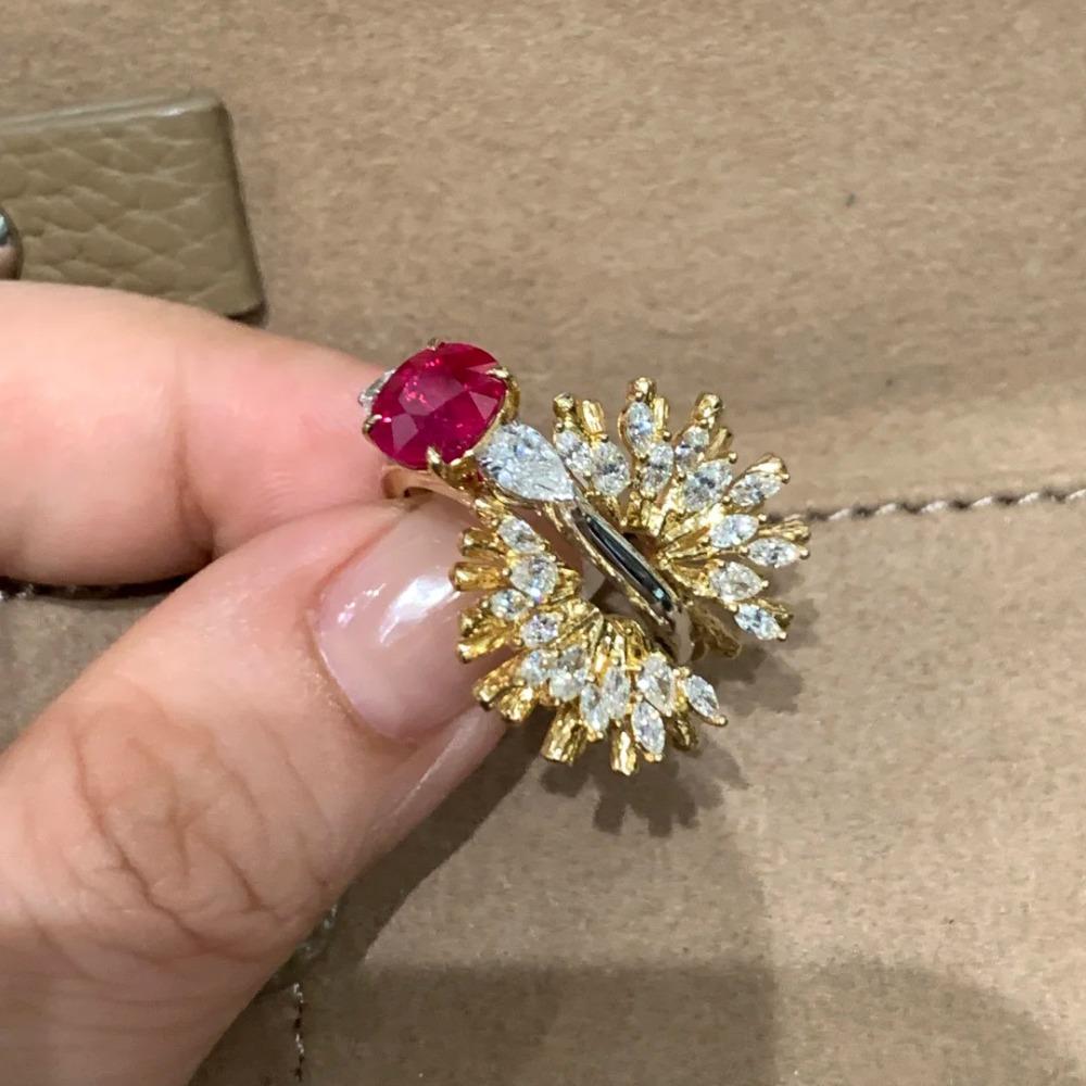 Vintage French Inspired Red Ruby Open Ring Italian Luxury Diamond Firework Stackable Rings for Women Jewelry