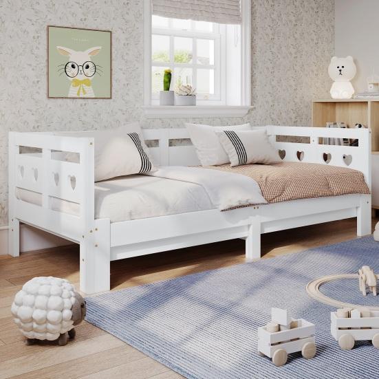 Daybed, Pull-Out Bed, 90 x 200cm, Solid Pine, with Second Sleeping Space And Roll-Up Slatted Frame, Heart-Shaped Bed,