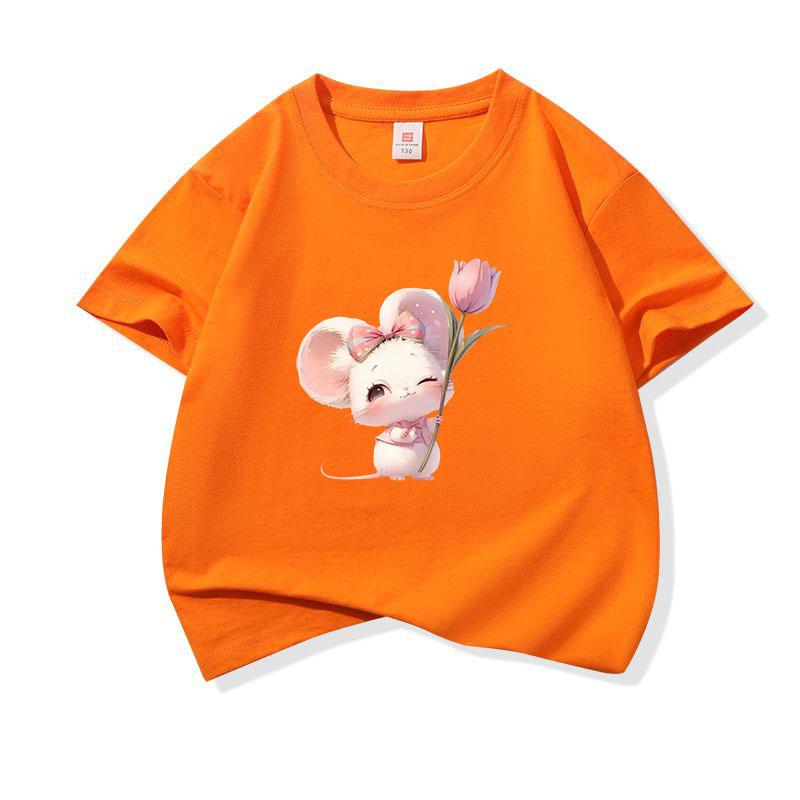 Kids Cotton T Shirt Charming Mouse With Pink Tulip Flower Print Crew Neck Short Sleeve Tee Casual Boys Girls Summer Tops