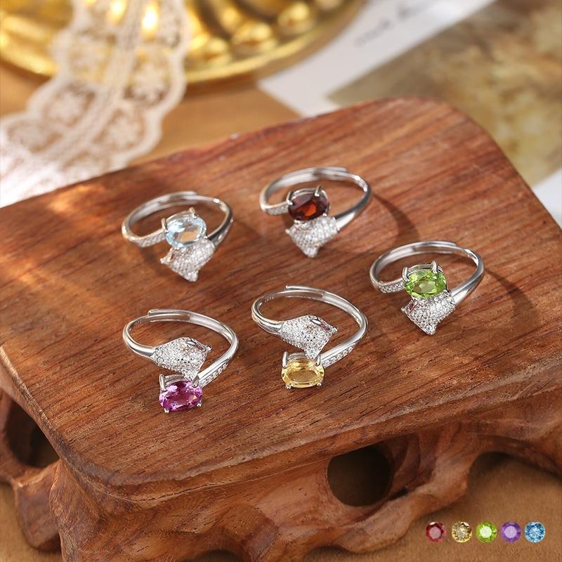 S925 Sterling Silver Spirit Fox Open Ring Natural Crystal Topaz Inlaid Exquisite Temperament Jewelry Gift for Women Birthday Anniversary