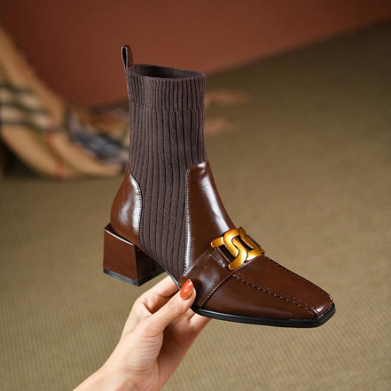 Корейская версия женских ботинок мартин квадратный носок большой размер низкий каблук кожаные ботинки женские удобные квадратный каблук женские ботинки осень и зима