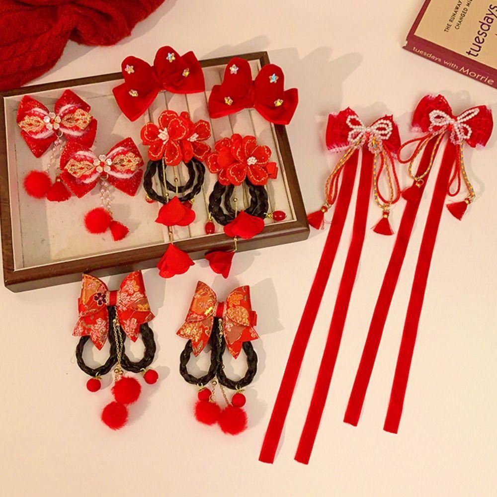 Парик Плюшевый Шар Заколка для Волос Лента Принцесса Цепочка на Лоб Милый Красный Бант Зажим для Волос Женщины