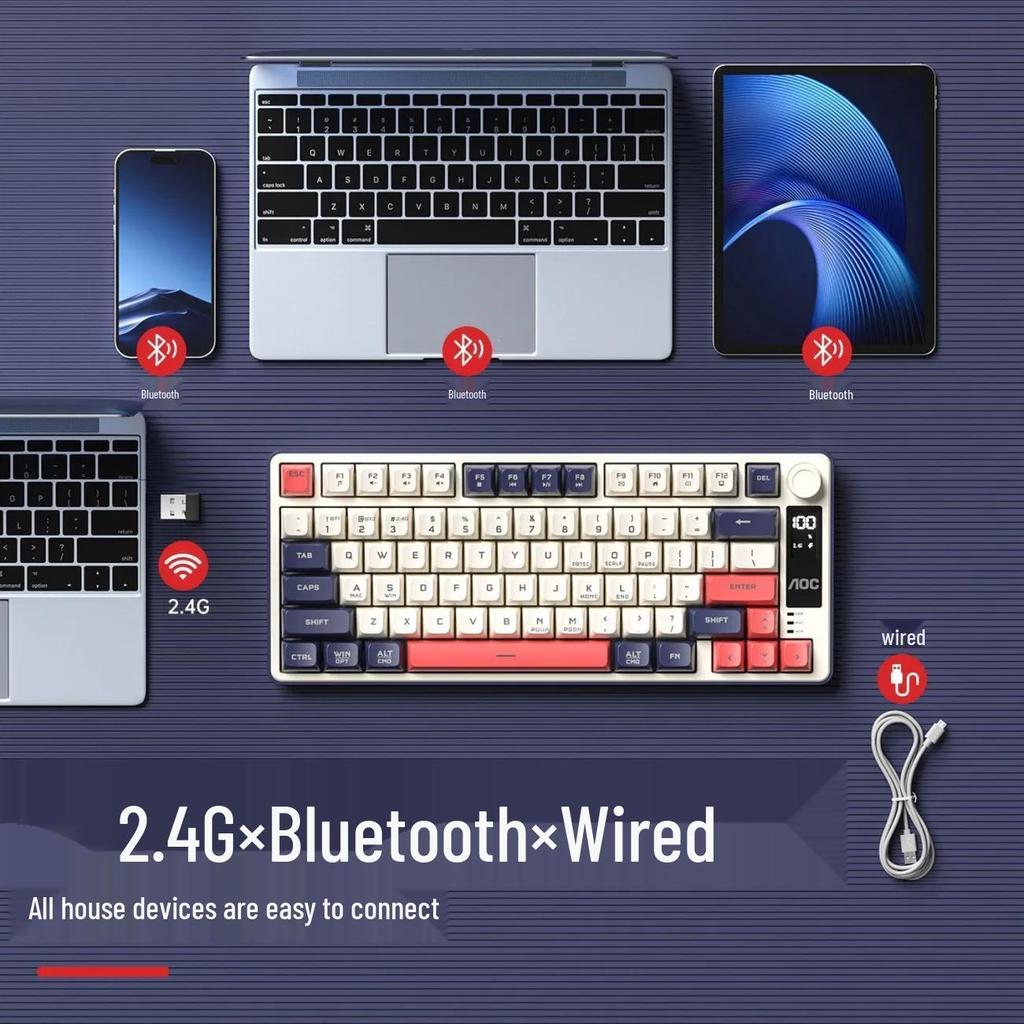 Беспроводной RGB-комплект клавиатуры и мыши AOC GK300 с тремя режимами - Механическое ощущение для игр и офиса, с экраном
