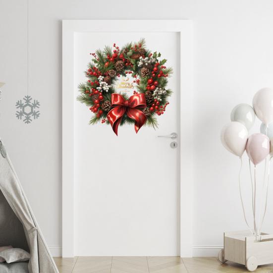 Рождественский венок наклейки на окно для стены, окна, двери, большие съемные ПВХ наклейки с шишками, ягодами для праздничного декора