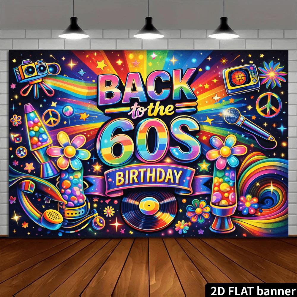 2D Peace Symbol 60s Birthday Background Cloth Neon Lava Lamp Vinyl Record Player Microphone Peace Symbol TV Decoration