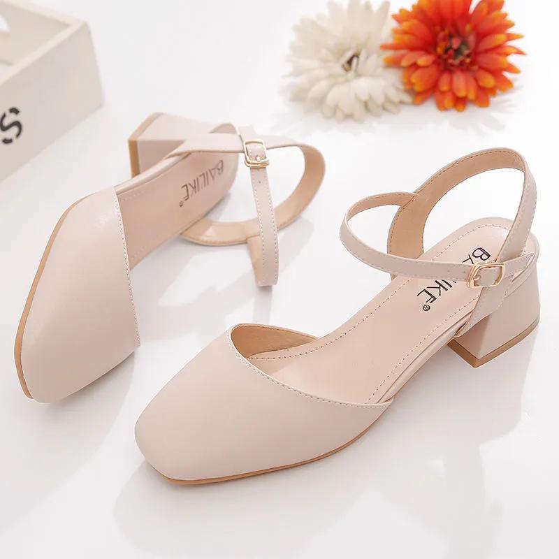 Zapatos de mujer женские повседневные бежевые весенне-летние туфли с пряжкой на ремне, удобные офисные туфли для работы, женские туфли на каблуке абрикосового цвета ba163