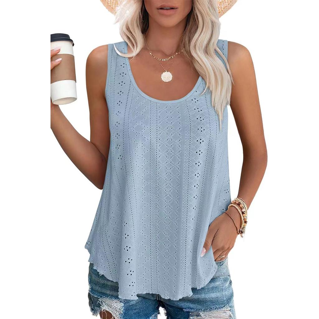 Women's Round Neck Sleeveless Tank Top Loose Fit Elegant Commuter Eyelet Hollow Out Vest Solid Color Casual Summer Blouse For Daily Wear