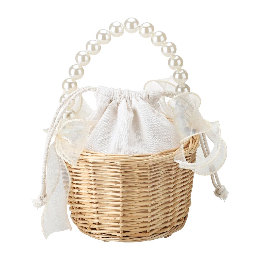 2pcs Pearl Carrying Basket Brown Rattan Small Pearl Handle Flower Basket for Wedding Gift Packaging