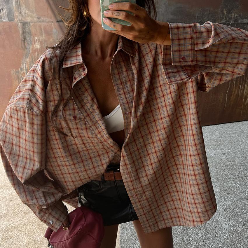 Women’s Plaid Button Down Shirt, Oversized Long Sleeve Checkered Blouse, Casual Relaxed Fit Fall Top