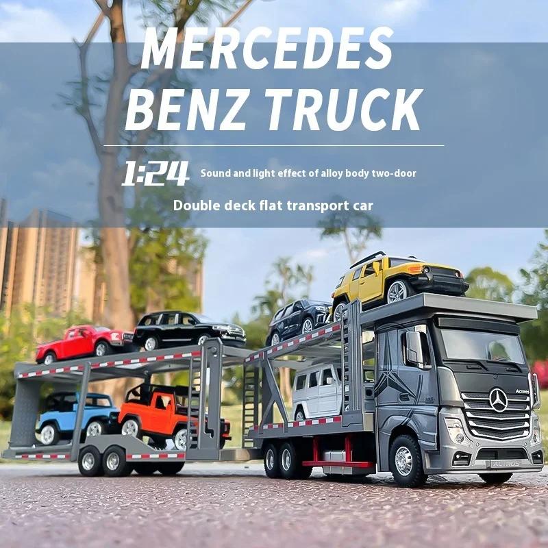 1/24 Mercedes Benz Double Decker Flatbed Transport Vehicle Alloy Diecast Metal Car Model Sound and Light Science Education Series