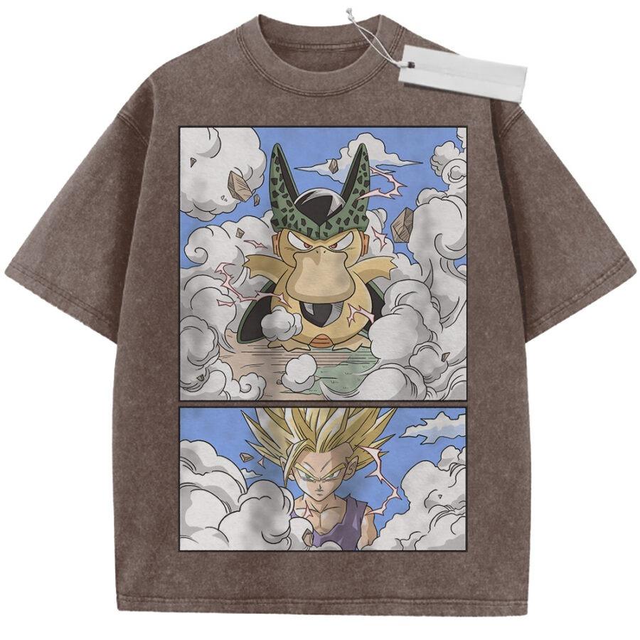 Unisex Washed Beige Vintage Tshirt Dragon Ball Cell Gohan Super Saiyan Highquality Fabric for Home Leisure Travel Shopping