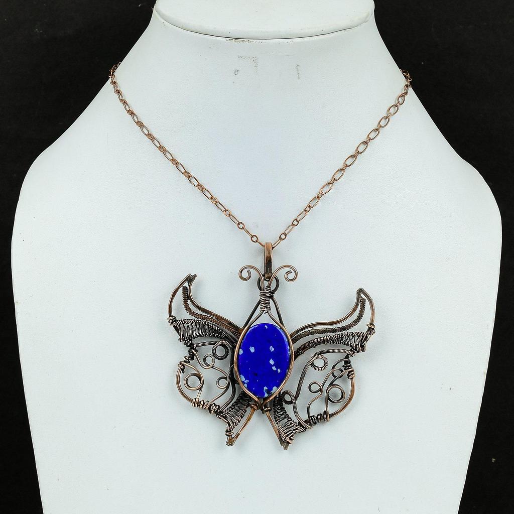 Подвеска из лазурита, подвеска, обернутая медной проволокой, подвеска ручной работы, украшение из натурального драгоценного камня, подвеска-бабочка, подарок на годовщину, медные украшения