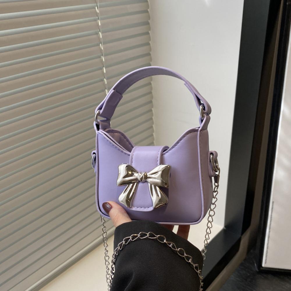 Pu Leather Bow Buckle PU Bag Mini Women's Shoulder Bag Simple Silver Bucket Bag Women