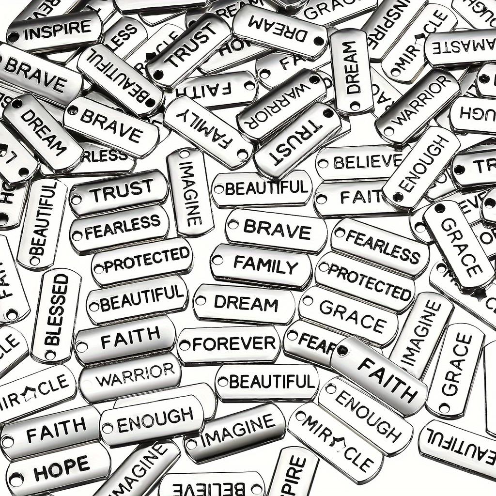 40pcs Engraved Motivational Word Charms - Silvery Zinc Alloy Pendants for DIY Jewelry, Necklaces, Bracelets & Keychainsing