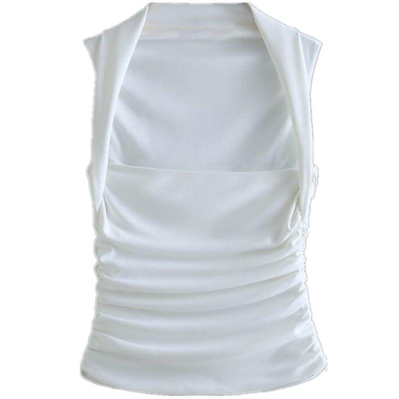 European and American Summer New Women Clothes Neck Collar Sleeveless Slim Fit Short Pleat Knit Vest Top 2694636