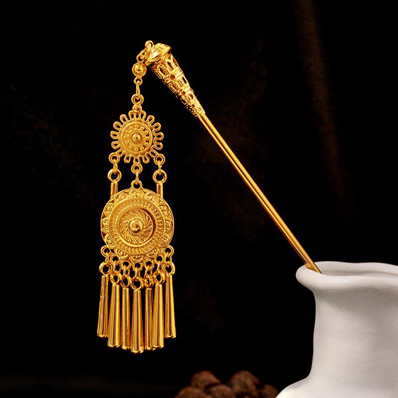 Hollow Geometric Tassel Hairpin for Women - Ethnic Style with Water Drop Leaf Round Design, Hanfu Accessory