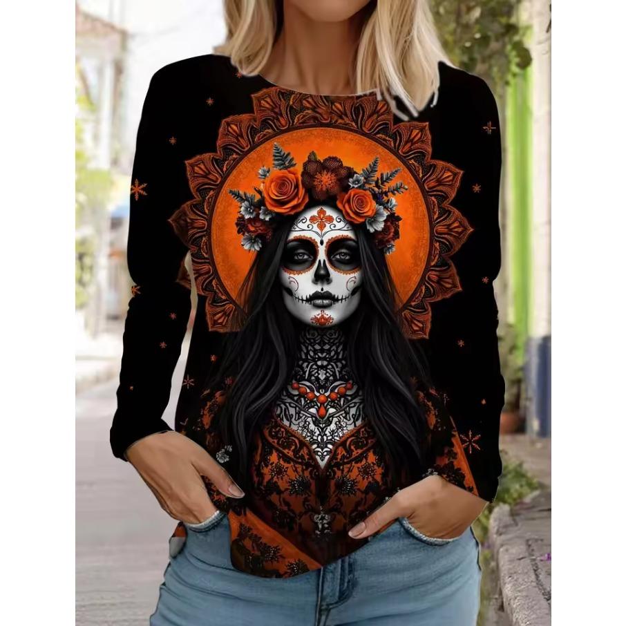Sugar Skull Pattern Womens Long Sleeve Shirt Day of the Dead Shirts Fashion 3D Printed Tops Summer Gothic Style Women's Clothing