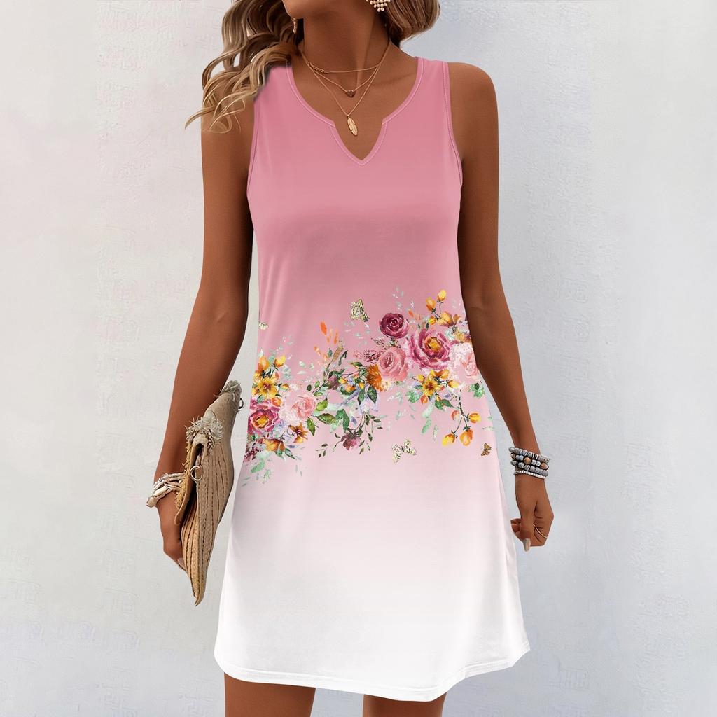 Женские летние платья с V-образным вырезом и принтом без рукавов Сарафан Повседневное платье