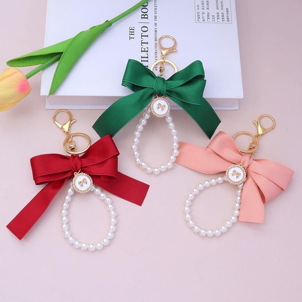 Handmade Bowknot Keychains Fabric Ribbon Headphone Case Accessories Creative Pearl Bow Keychain