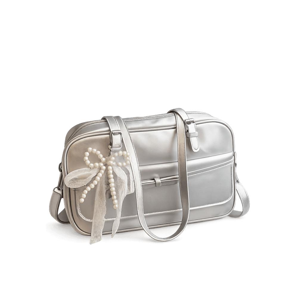 Trendy Sweet Bow Shoulder Bags Adjustable Square Korean Boston Pillow Bag Ribbon Pearl Pendant Solid Color Tote Bag Work
