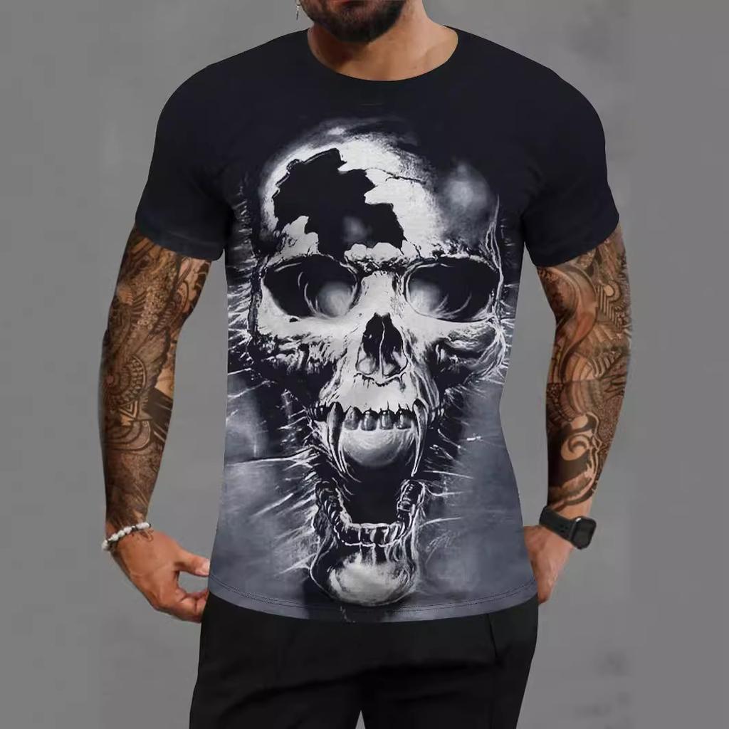 Summer Round Neck 3D Skull Pattern Print Top Fashionable Casual Short Sleeved Men's T-shirts