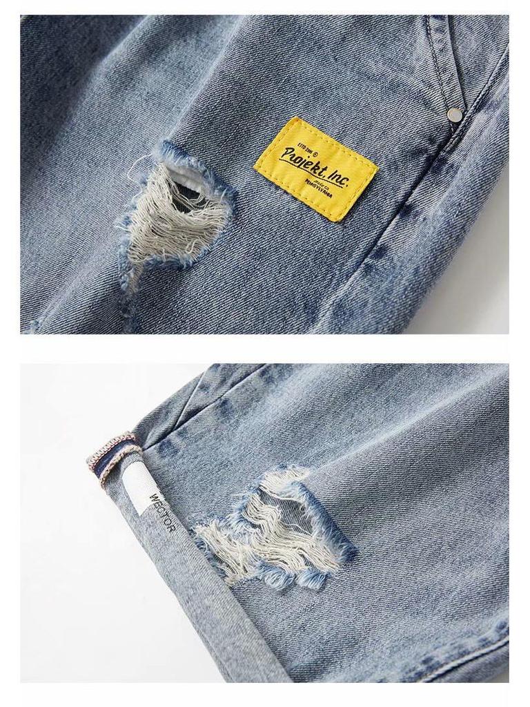 Мужские модные рваные джинсовые шорты 2007 года: Эластичная талия, свободный крой, длина до середины икры, стиль «пятиточечный».