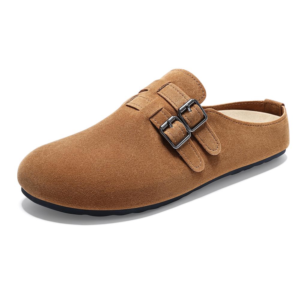 Fashion Crestar Women's Suede Clogs Slippers Comfort Double Buckle Flat Mules Retro Potato Shoes Fashion Lady Soft Insole Leisure Shoes