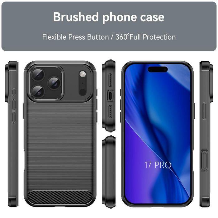 Coque pour iPhone 18 Pro, Silicone Souple Noir Elégante Anti-Rayures Effet Fibre Carbone