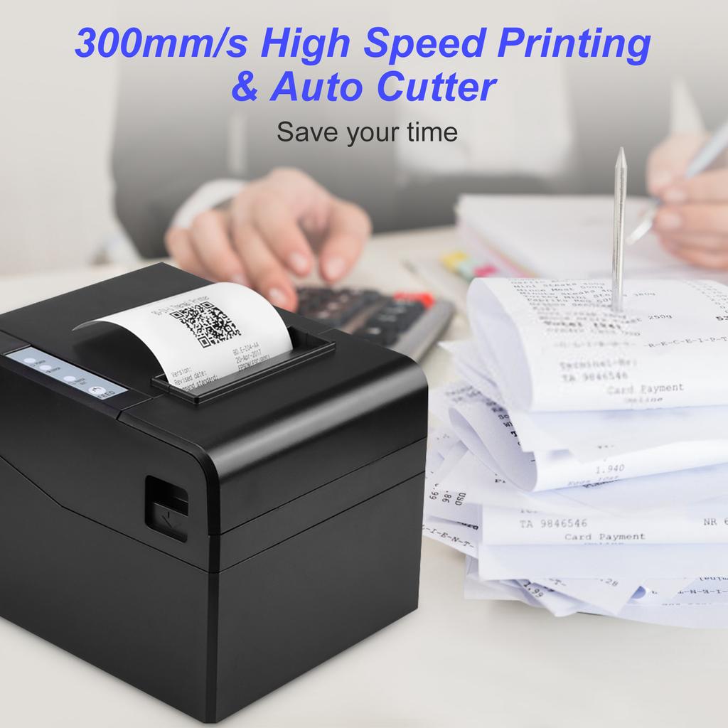 Thermal Receipt Printer 80mm Desktop Direct Thermal Printing USB+LAN Connection 300mms High Speed