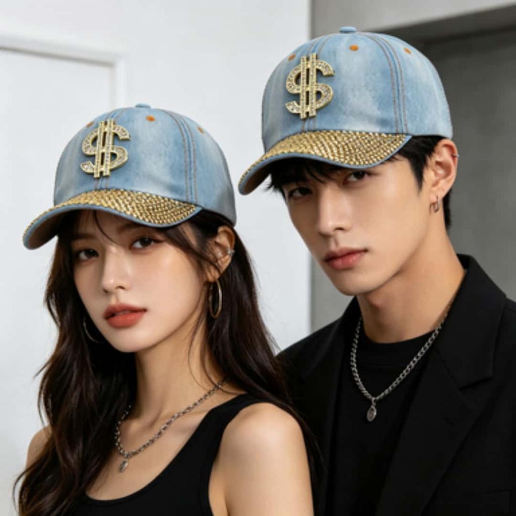 Джинсовая кепка-тракер 'Bling Dollar $', Козырек с золотыми стразами, Модная кепка в стиле Хип-хоп Панк для Мужчин Женщин, Головной убор для Уличной Моды Фестиваля