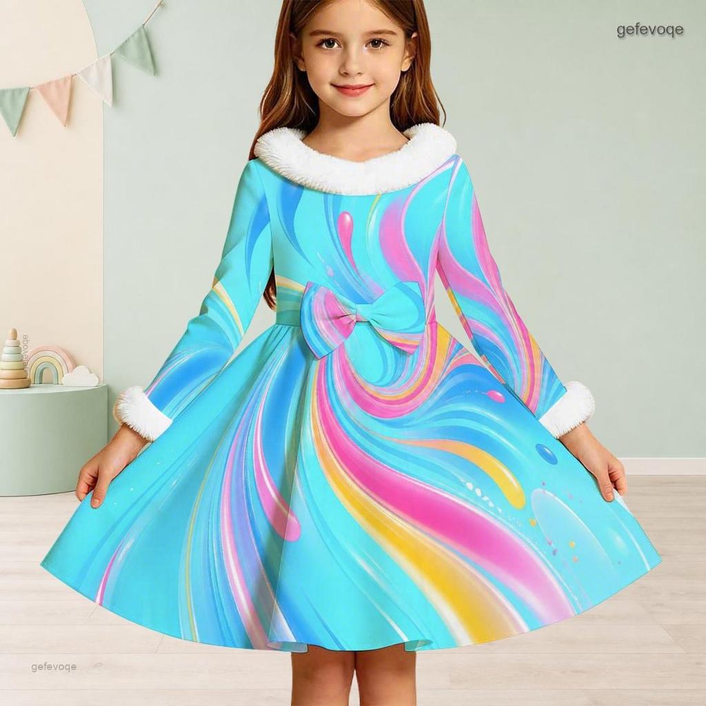 Girls Blue Pink Yellow Swirl Printed Long Sleeve Faux Fur Trim A Line Flared Dress