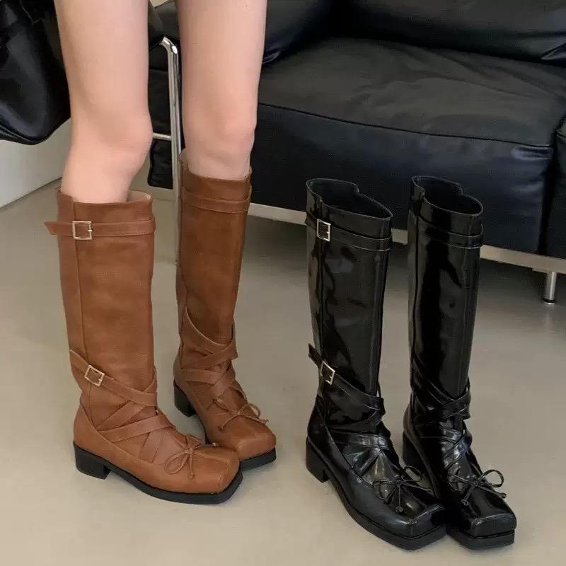 Сапоги до икры с квадратным носком на каблуке, балетки, сапоги-ботфорты до колена, женские сапоги в рыцарском стиле, кожаная версия, модные сапоги, резиновая подошва