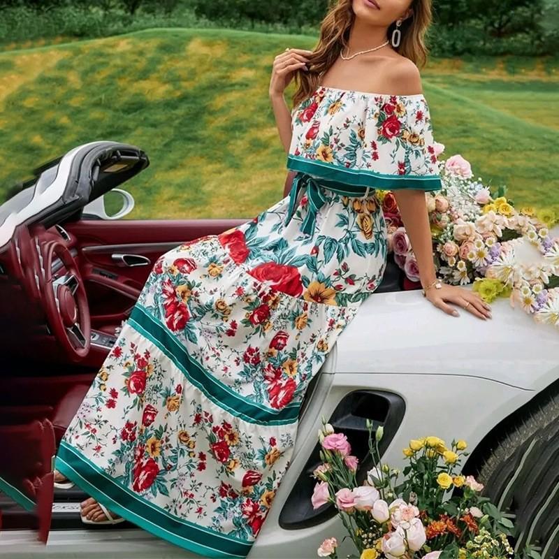 Womens Off-Shoulder Long Maxi Dress With Floral Print A-Line Flowy Skirt 2025 Elegant Casual Wear