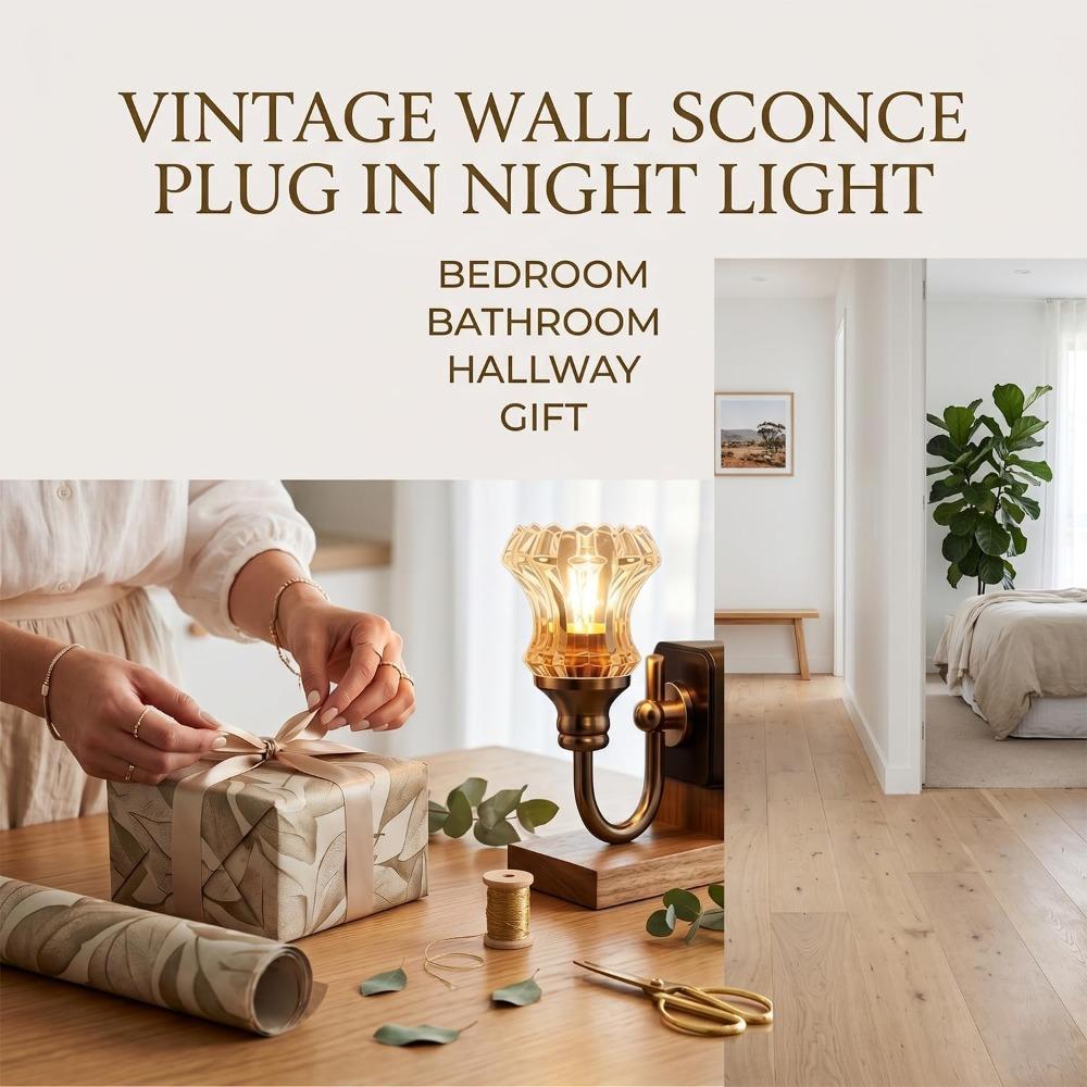 Retro-style wall lamp, plug-in night light, USB powered, with switch, warm light glass lampshade, country style wall lamp.
