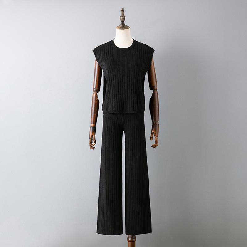 Весенне-летний женский свободный комплект из двух предметов, однотонный вязаный топ без рукавов, костюм