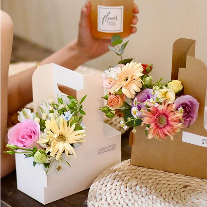 10 шт. Портативный подарочный пакет для цветов Крафт-бумажный держатель Кофе Цветочный торт Десерт Упаковочная коробка Фото Сувенир Переноска для напитков с ручкой