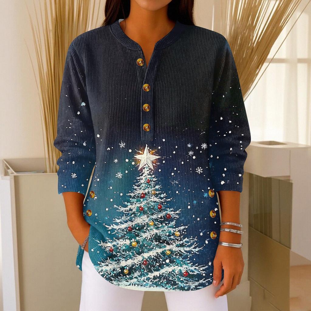 Women's Fashionable Button Collar Long-sleeved Christmas Print Pullover Top