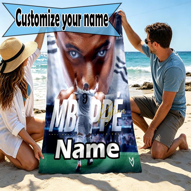 Custom Name Personalized Kylian Mbappe Print Beach Towel, for Trip Camping Beach Party Home Decor, Birthday Gift for Family & Friends