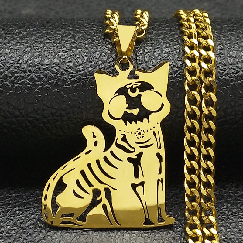 Gothic Wicca Skeleton Cat Pentagram Stainless Steel Necklace Women/Men Necklaces Jewelry collar acero inoxidable 3828-QKC