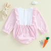 Baby Girls Easter Romper Ruffles Bunny Embroidery Stripe Pattern Long Sleeve Crew Neck Newborn Jumpsuit