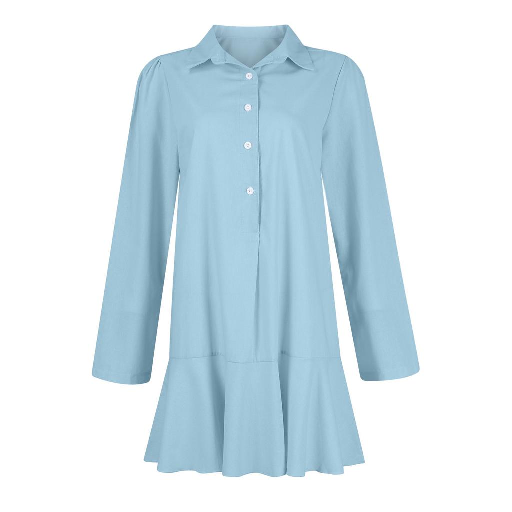 Женская мода, повседневная полуоткрытая рубашка, классические однотонные платья на пуговицах с подолом и рюшами