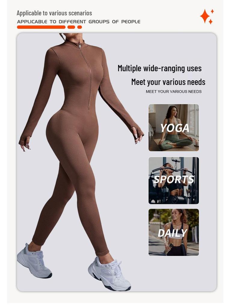 European-Style One-Piece Sport Jumpsuit for Women with Zipper, Stand Collar, Long Sleeves, Thumb Holes, Hip Lifting, and Tummy Control