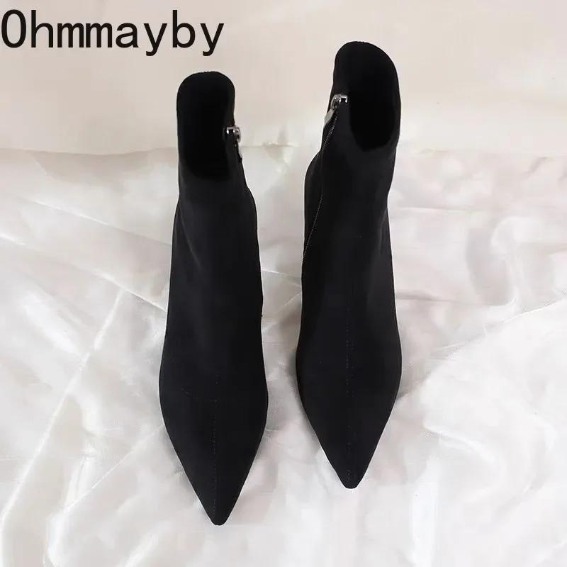 Остроносые женские флисовые сапоги-носки, модные туфли с боковыми молниями, осень-зима, высокие каблуки, женские короткие сапоги Morder