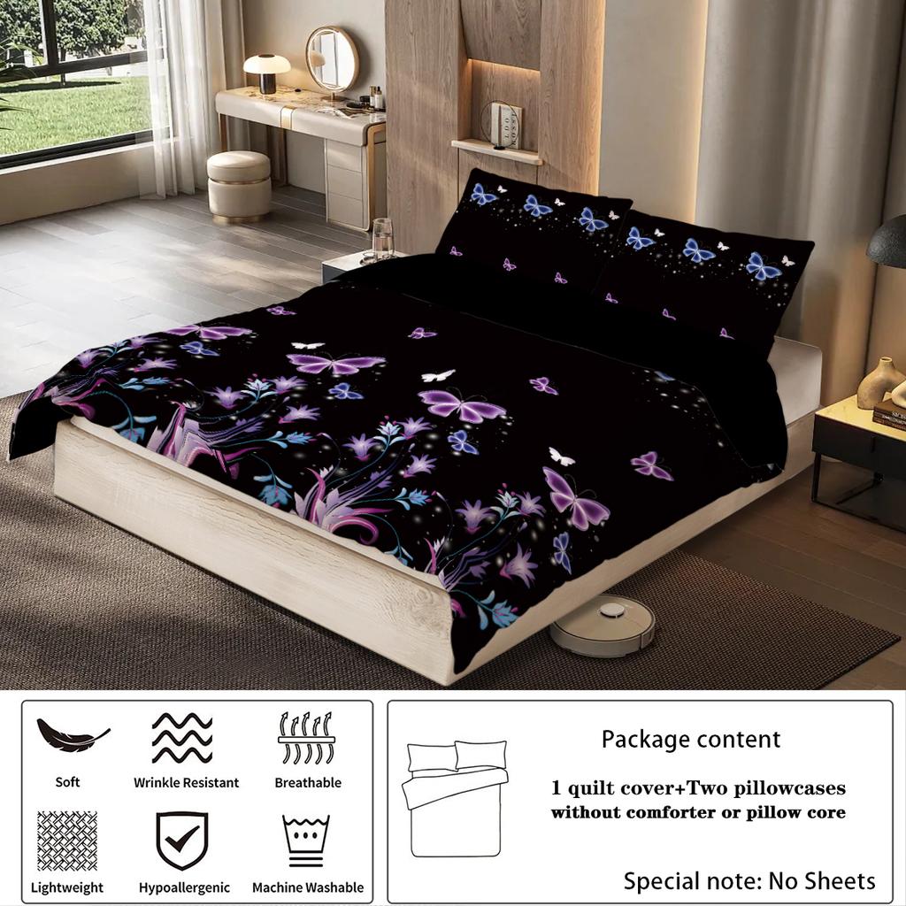 3pcs purple butterfly pattern printed bedding set, suitable for women bedroom, queen, king, twin bed, 1*duvet cover+2*pillowcase
