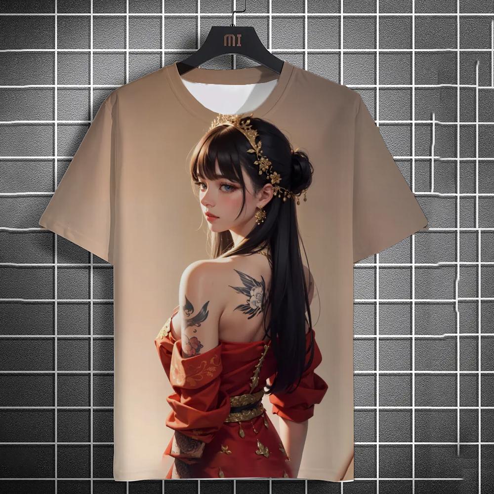 Men's T-shirt 3D Printed Anime Goddess Back Tattoo Print T-shirt Casual Loose Short Sleeved T-shirt Men's Home Y2k Clothing Tops