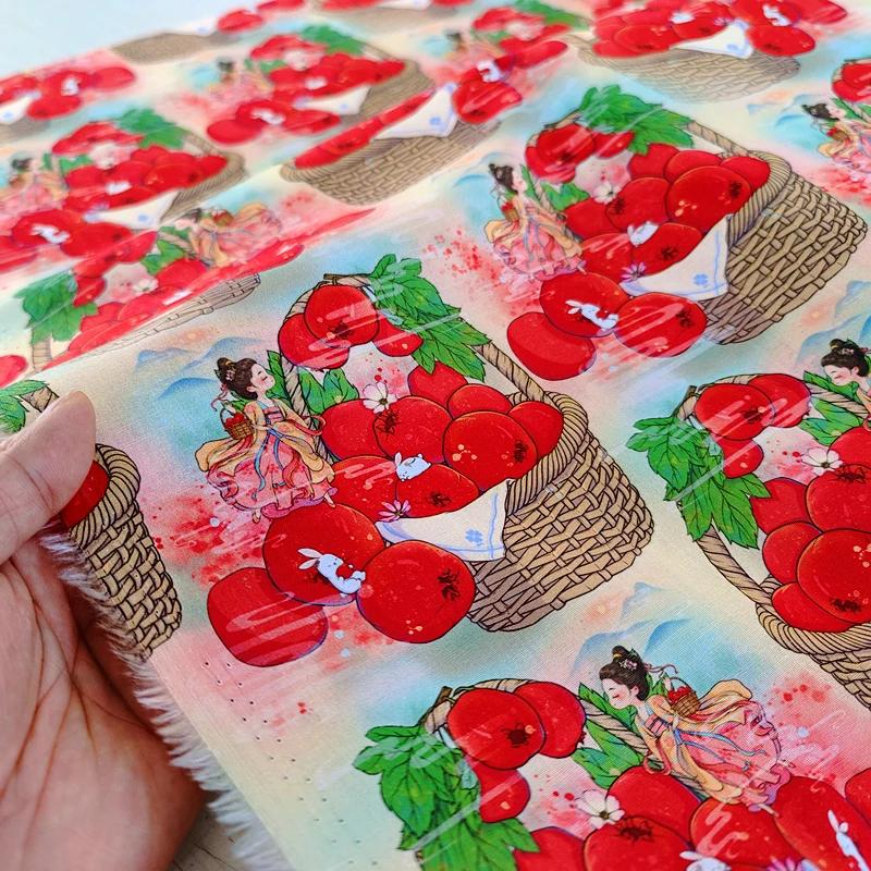 Ткань из чистого хлопка в китайском стиле 100x145 см, мультяшный принт «Лунатик, девушка эпохи Тан», для шитья одежды, юбки, ханьфу своими руками