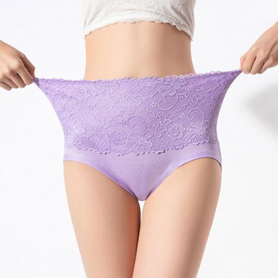 Women Briefs High Elasticity Breathable Soft Panties High Waist Solid Color Embroidery Lace Splicing Plus Size Underwear