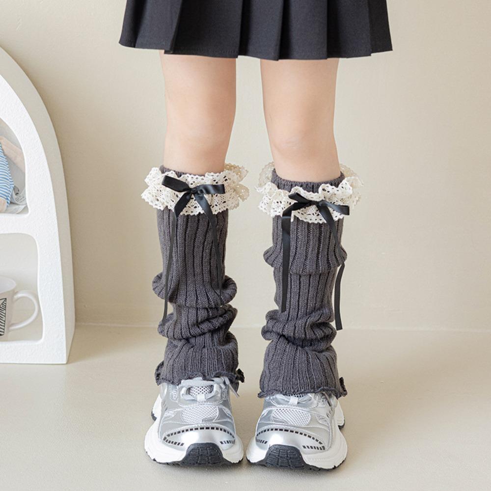 Solid Color Bow Ribbon Leg Warmers Long Stockings Knitted Foot Cover Children's Foot Warmer Winter